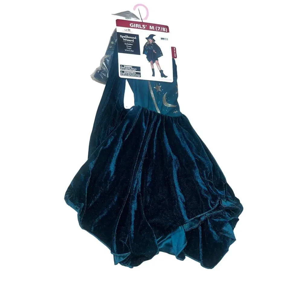Girls SPELLBOUND WIZARD Halloween Costume Dress Size 7/8 Dress Hat Celestial